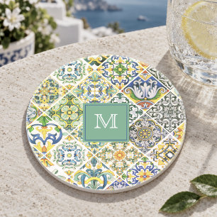 Elegante sizilianische mediterrane grüne Fliesen Getränkeuntersetzer