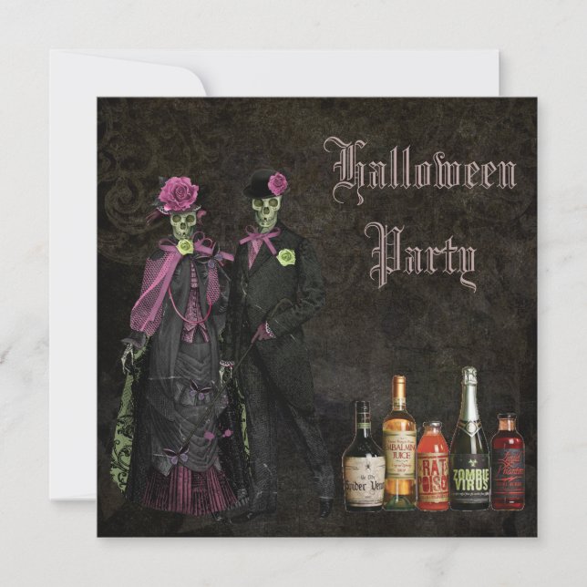 Elegante Skelette u. Gift-Halloween-Party Einladung (Vorderseite)