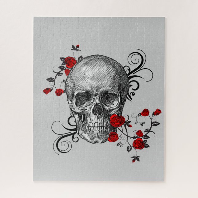 Elegante Skizze des Schwarzen Schädels, Rote Rosen (Vertikal)