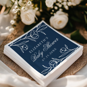 Elegante skizzierte florale Baby-Taufe in Navy Serviette