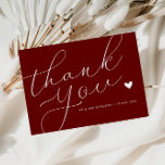 elegante Skript burgundy Hochzeit danke Karte<br><div class="desc">Eine moderne Hochzeitskarte mit einem wunderschönen weißen Drehbuch auf bordeauxrotem Hintergrund. Fügen Sie Ihren Gästen eine persönliche Danksagung hinzu.</div>