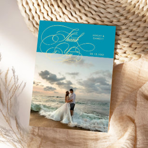 Elegante Skript-Hochzeitsfoto Aqua-Blau Dankeskarte