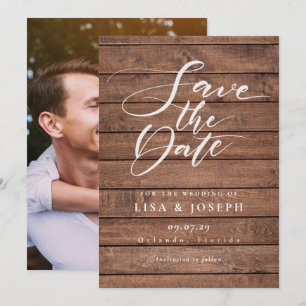Elegante Skript-Rustikal-Holzbild-Hochzeit Save The Date