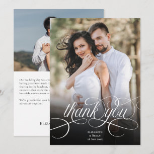 Elegante Skript Schwarzweiß-Foto-Hochzeit Dankeskarte