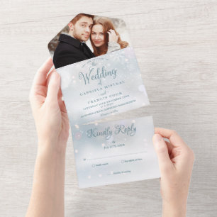 Elegante Skript-Winter-Schneeflocken-Foto-Hochzeit All In One Einladung