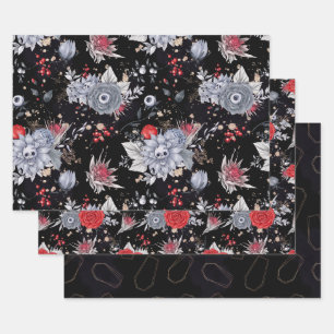 Elegante Skull Rose Coffin Silver Black Geschenkpapier Set