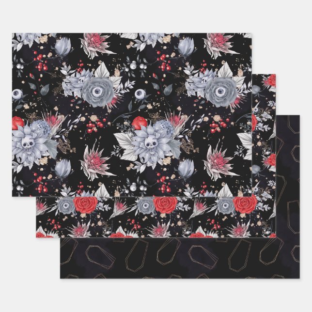 Elegante Skull Rose Coffin Silver Black Geschenkpapier Set (Set)