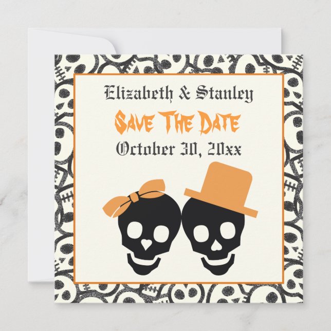 Elegante Skulls Halloween Hochzeit Save the Date (Vorderseite)