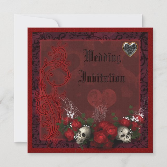 Elegante Skulls, Rose & Herz-Leinen Hochzeit Einladung (Vorderseite)