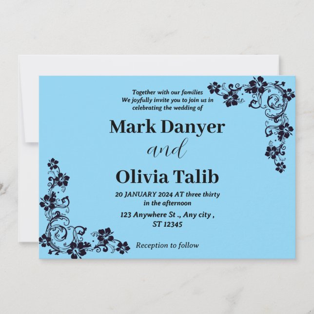 Elegante Sky Blue Wedding Einladung - Romantisch (Vorderseite)