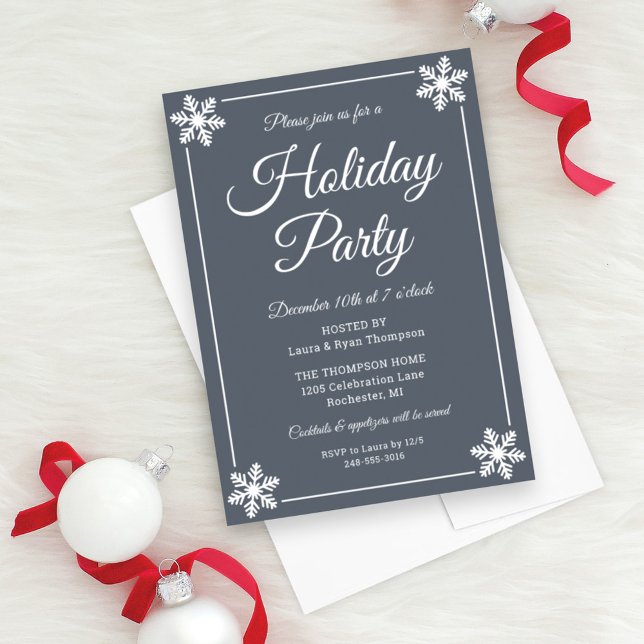 Elegante Slate Gray Snowflake Script Holiday Party Einladung (Von Creator hochgeladen)