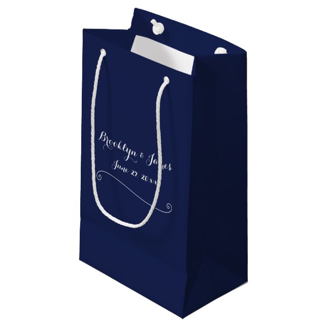 Elegante Small Navy Blue Wedding Gift Bag Kleine Geschenktüte (Vorderseite Schrägansicht)