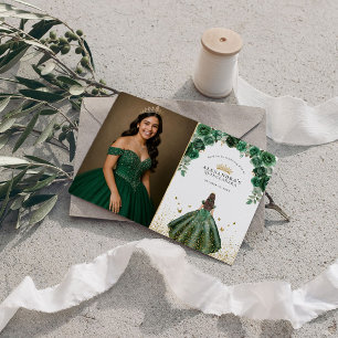 Elegante Smaragd-Quinceañera-Floral-Faux-Folie-Fot Dankeskarte