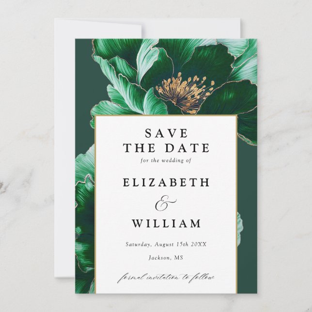 Elegante Smaragdgrün- und Goldblumenhochzeit Save The Date (Vorderseite)