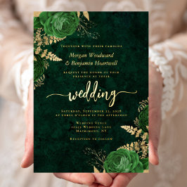 Elegante Smaragdgrüne Goldene Florale Hochzeit Folieneinladung
