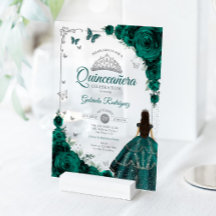 Elegante Smaragdgrüne Rosen Silber Quinceanera