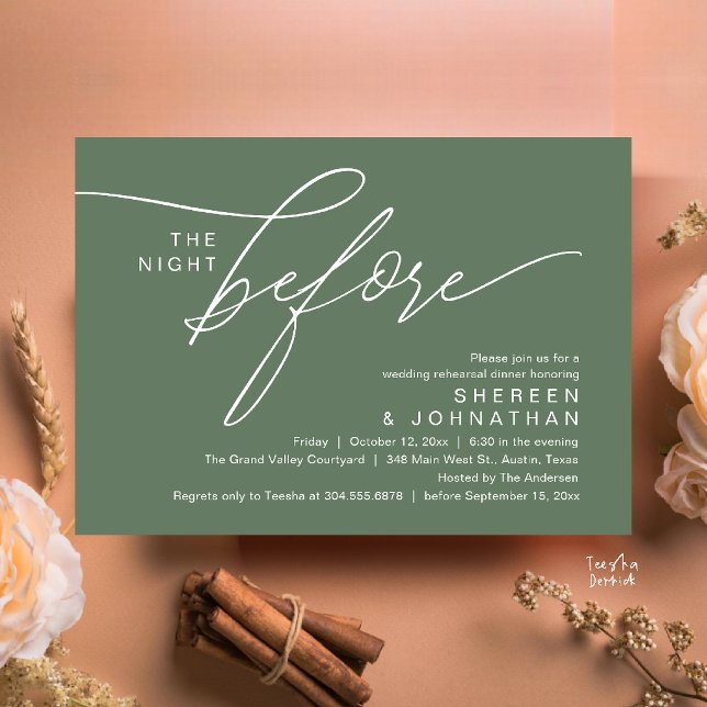Elegante Smaragdgrüne Skript Hochzeitsprobe Dinner Einladung (Elegant Script Wedding Rehearsal Dinner Invitation Card in Sage Green)