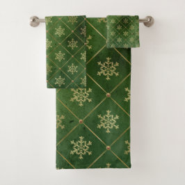 Elegante Smaragdgrüne und goldene Schneeflocken Badhandtuch Set