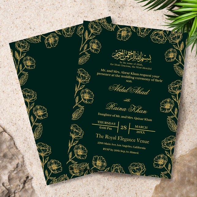 Elegante Smarald Gold Floral Islamische Hochzeit Einladung (Von Creator hochgeladen)