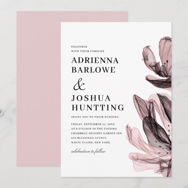 Elegante Smoky-Blume Side Text Dusty Pink Wedding Einladung (Vorne/Hinten)