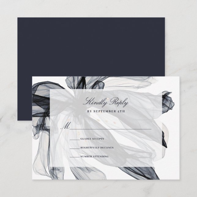 Elegante Smoky Floral Navy Hochzeit RSVP Karte (Vorne/Hinten)