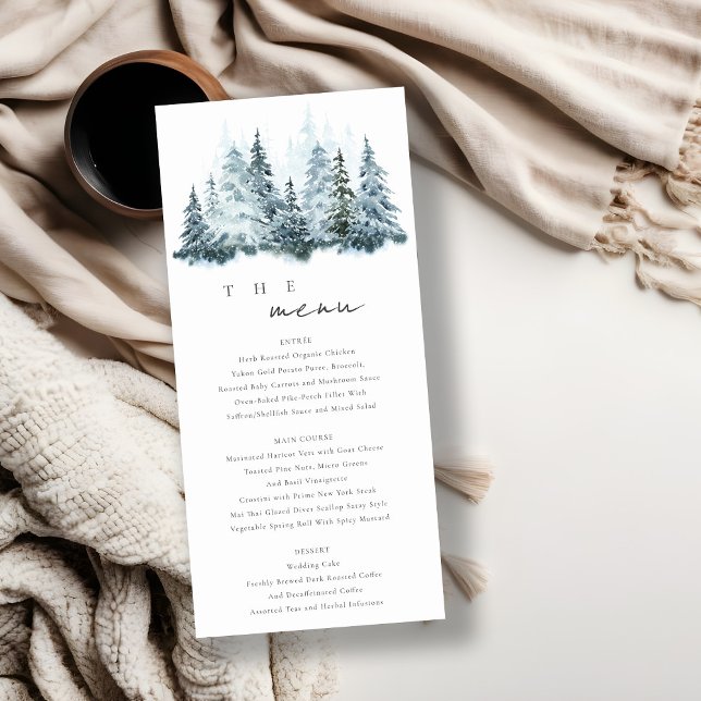 Elegante Snow Winter Forest Pine Wedding Menu Card Dankeskarte (Von Creator hochgeladen)