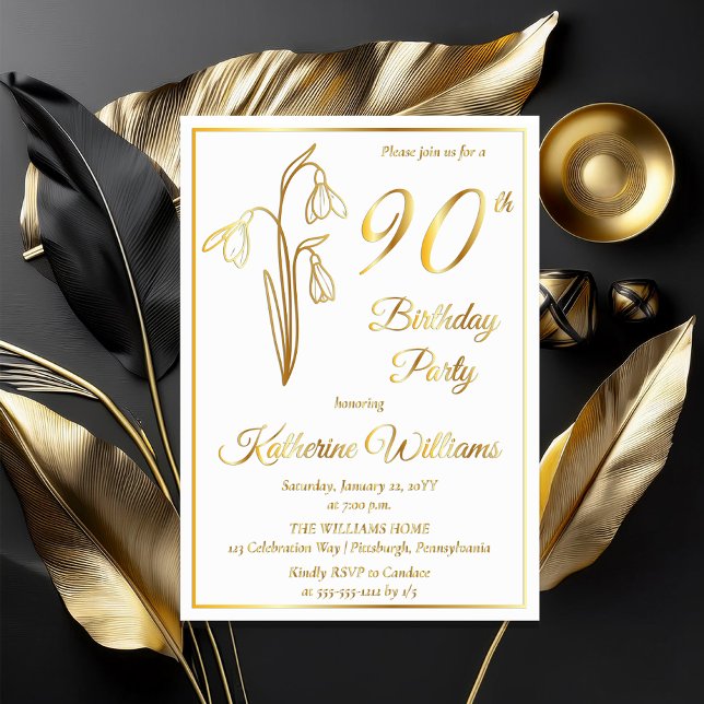 Elegante Snowdrops 90. Geburtstagsparty gestempelt Folieneinladung (Elegant January Birth Month Snowdrops Floral "90th Birthday Party" Stamped Gold Foil Invitations)
