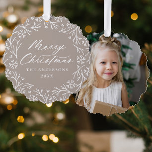 Elegante Snowflake Wreath Taupe Foto Weihnachten Ornament Karte