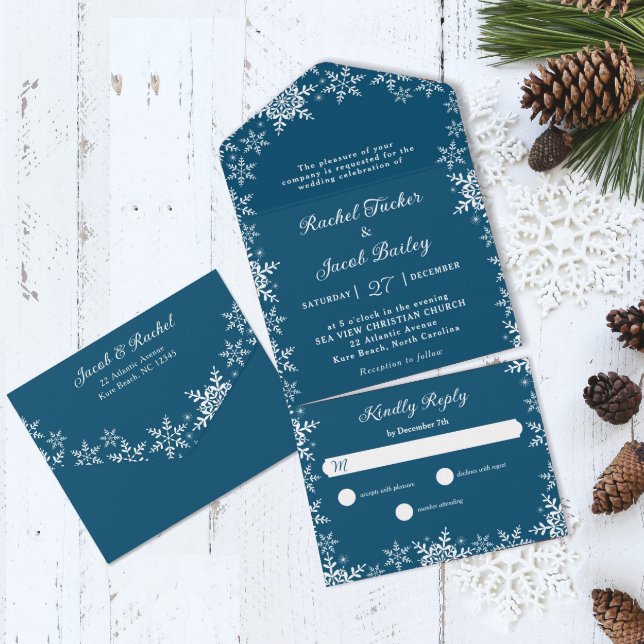 Elegante Snowflakes Dark Blue Christmas All In One Einladung (Von Creator hochgeladen)