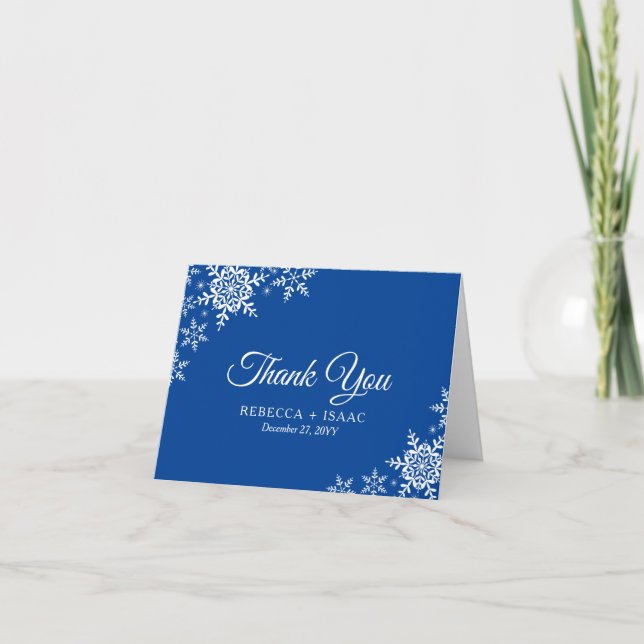 Elegante Snowflakes Kariert Deep Blue Wedding Dankeskarte (Vorderseite)