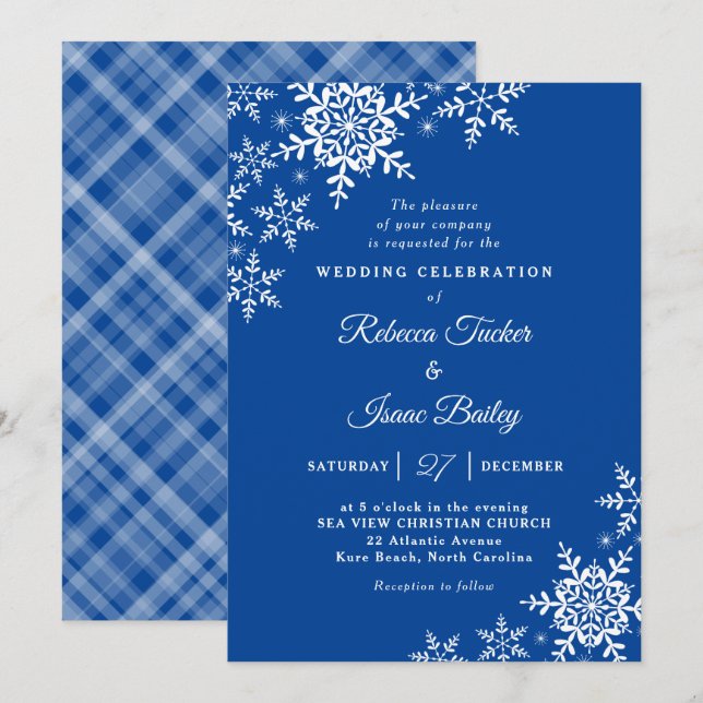 Elegante Snowflakes Kariert Deep Blue Wedding Einladung (Vorne/Hinten)