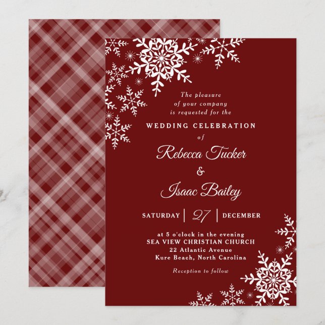 Elegante Snowflakes Kariert Red Wedding Einladung (Vorne/Hinten)