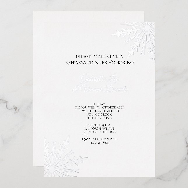 Elegante Snowflakes Winter Wedding Probe Dinner Folieneinladung (Vorderseite/Rückseite)