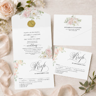 Elegante Soft Blush Rosen Hochzeit  All In One Einladung