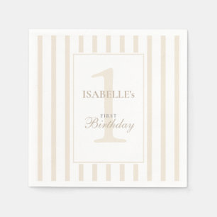 Elegante Soft Champagner Streifen 1. Geburtstag Serviette