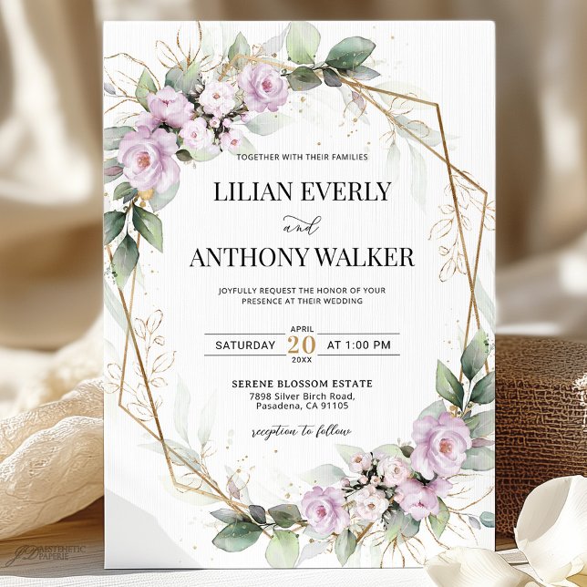 Elegante Soft Mauve Floral Gold Geometric Wedding Einladung (Von Creator hochgeladen)
