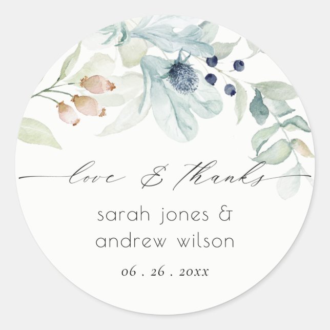 Elegante Soft Pastel Blue Green Foliage Hochzeit Runder Aufkleber (Vorderseite)