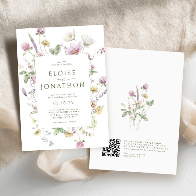 Elegante Soft Pastel Wildblume QR Code Wedding Einladung (Elegant Soft Pastel Wildflower QR code Wedding Invitation)