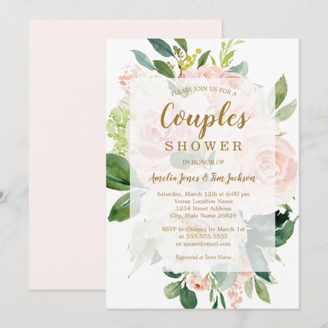 Elegante Soft Peach Bloom Wedding Couples Dusche Einladung (Vorne/Hinten)