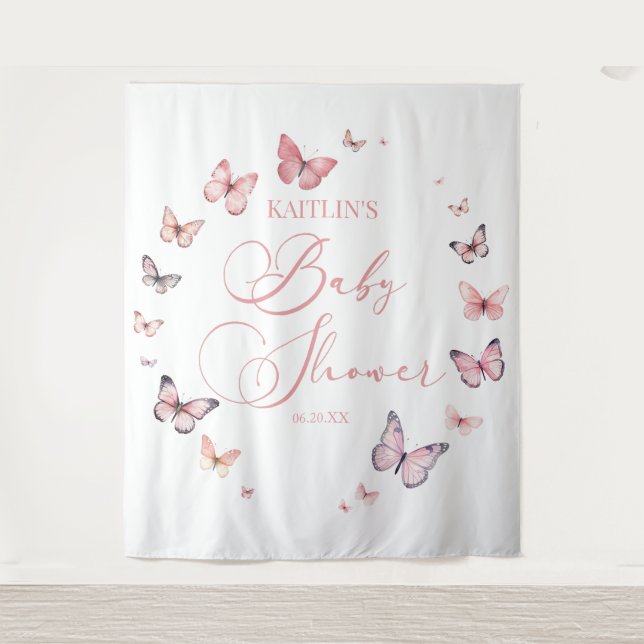 Elegante Soft Pink Butterfly Babydusche Wandteppich (Vorderseite)