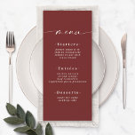 Elegante Solid Color Dark Wine Cinnamon Red Weddin Menükarte<br><div class="desc">Elegantes, dunkles, rotes Menü aus Zimt. Diese moderne, schicke Menu-Karte ist einfach klassisch und elegant mit einem schlichten, soliden Hintergrund und einem hübschen Signatur-Script-Kalligraphie-Schriftart mit Schwänzen. Im neuen Farbraum gezeigt. Mit einem hübschen Monogramm auf der Rückseite. Erhältlich in mehreren Farboptionen, oder fühlen Sie sich frei, die Farben aus dem Editor...</div>