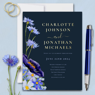 Elegante Sommerblumen Navy Blau und Gold Folie Einladungspostkarte