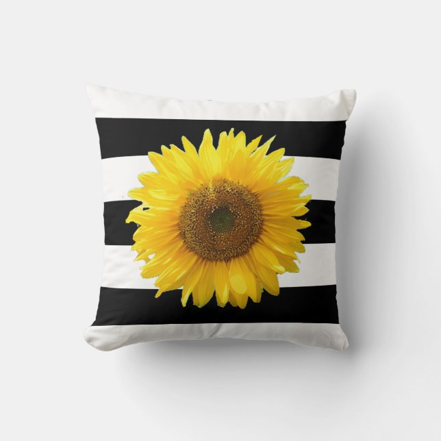 Elegante Sonnenblume auf Schwarz-Weiß-Streifen Kissen (Vorderseite)