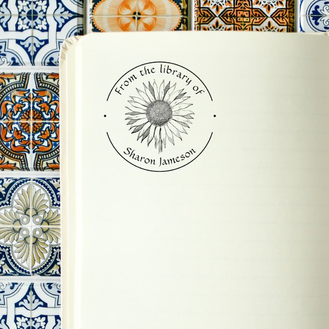 Elegante Sonnenblume/ Aus der Bibliothek von / Nam Gummistempel (Custom Name Elegant From The Library Sunflower Library Books Stamp)
