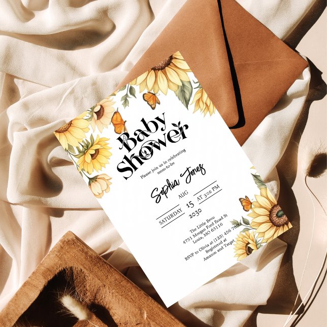 Elegante Sonnenblume & Butterfly Babydusche Einladung (Von Creator hochgeladen)