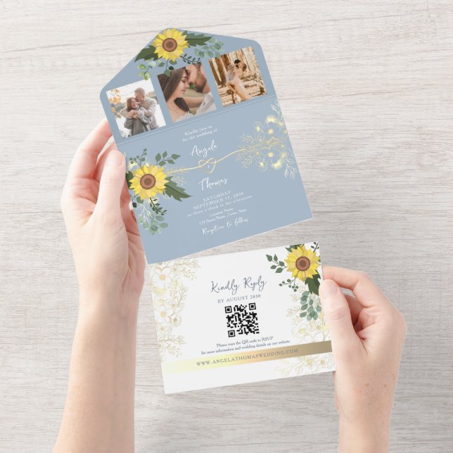 Elegante Sonnenblume Dusty Blue Wedding All In One Einladung (Abreißen)