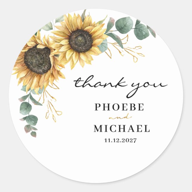 Elegante Sonnenblume Eukalyptus Floral Wedding Vie Runder Aufkleber (Vorderseite)