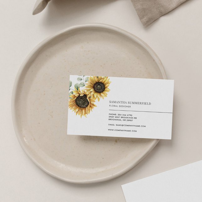Elegante Sonnenblume Eukalyptus Florist Moderne Visitenkarte (Sunflower Floral Eucalyptus Minimalist Business Card)