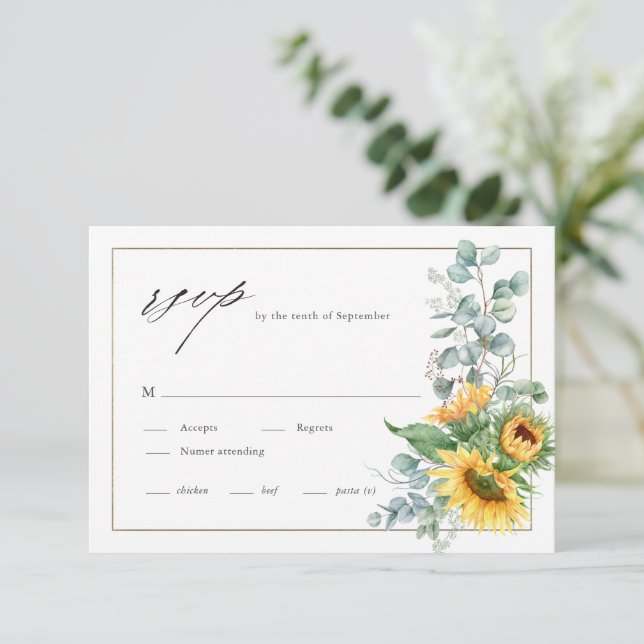 Elegante Sonnenblume Eukalyptus Wasserfarbenhochze RSVP Karte (Stehend Vorderseite)