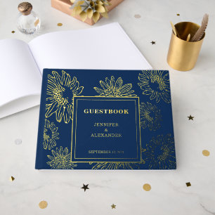 Elegante Sonnenblume Gold Hochzeit Foil blue Gästebuch